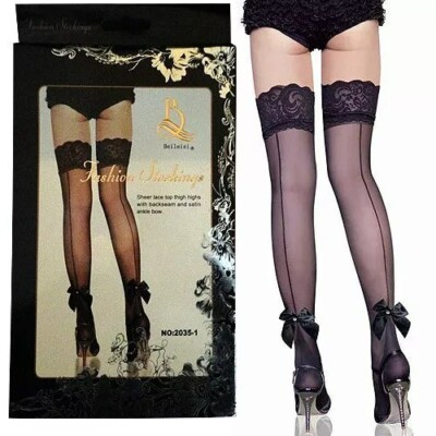 Sexy Black Sheer Ankle Bow Back Seam Seamed Lace Top Hold ups Stay up Stockings