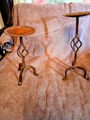 Vintage Copper Tone Pillar Candleholders set of 2, one 8'' and one 10''