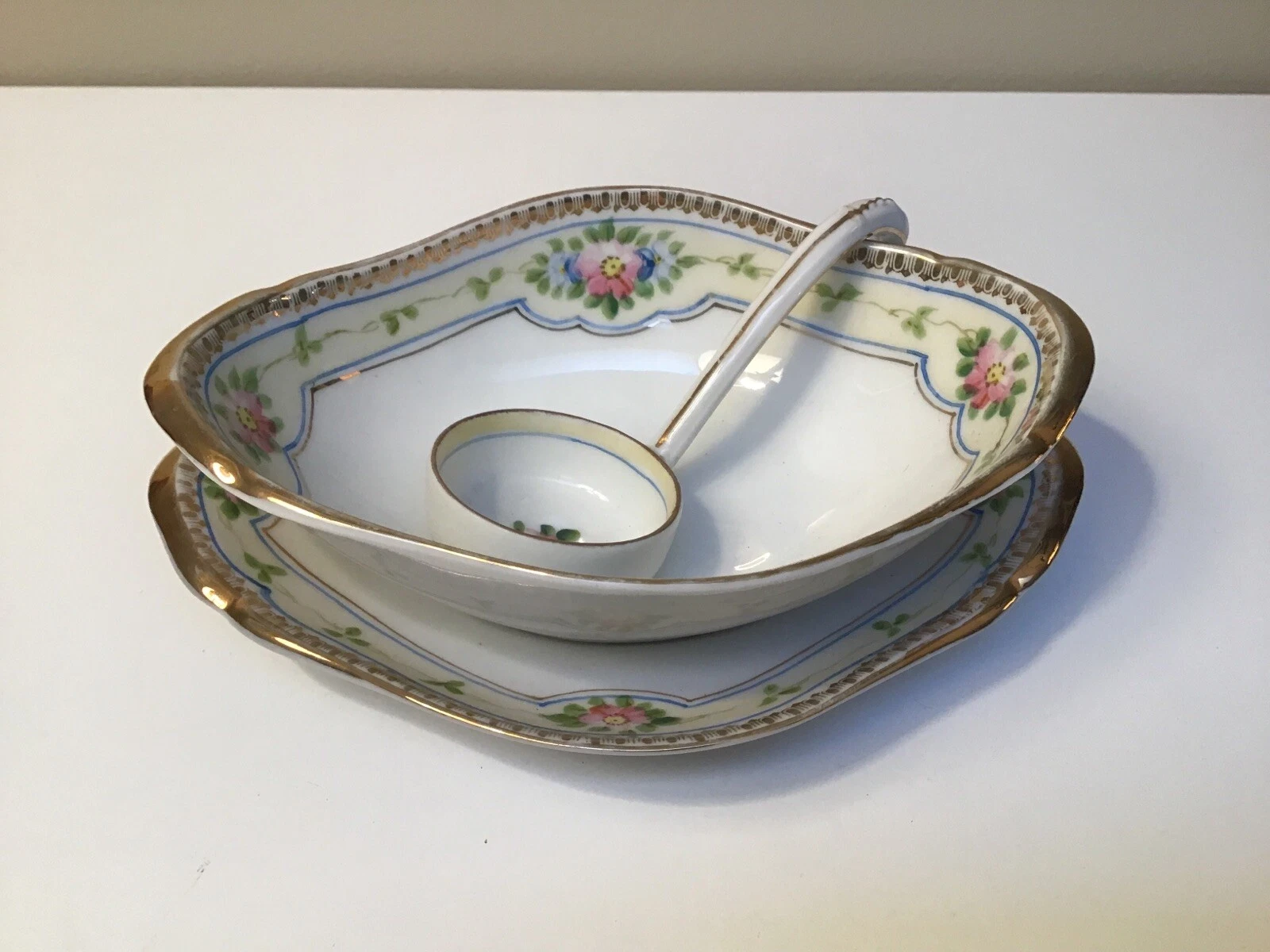 Nippon Sauce Bowl w Ladle Spoon Underplate Serving Set Hand Painted Floral Gold
