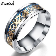 MENDEL Mens Celtic Blue Stainless Steel Dragon Wedding Band Ring For Men Women