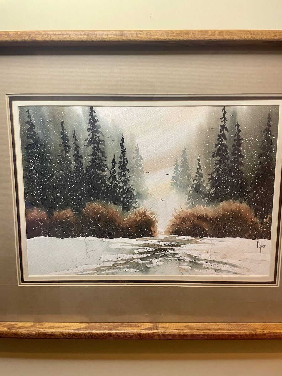 Vintage JP Myler Signed Watercolor Winter Landscape Heavy Vintage JP Myler Signed Watercolor Winter Landscape Heavy