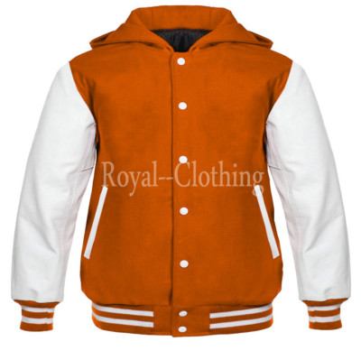 Varsity Letterman baseball Orange Wool and white Genuine Leather Sleeves Hoodie