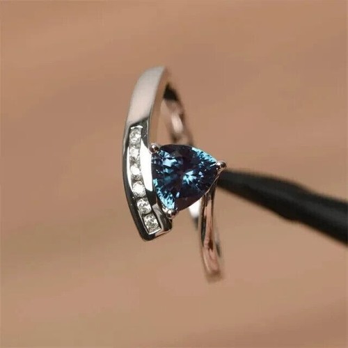 Trillion Lab-Created LBT Diamond Women Engagement Ring 14K White Gold Plated - Picture 2 of 4
