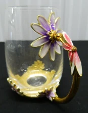 Ornate Floral Glass Cup & Spoon Set With Embellished Handle Tea Iced Tea Coffee