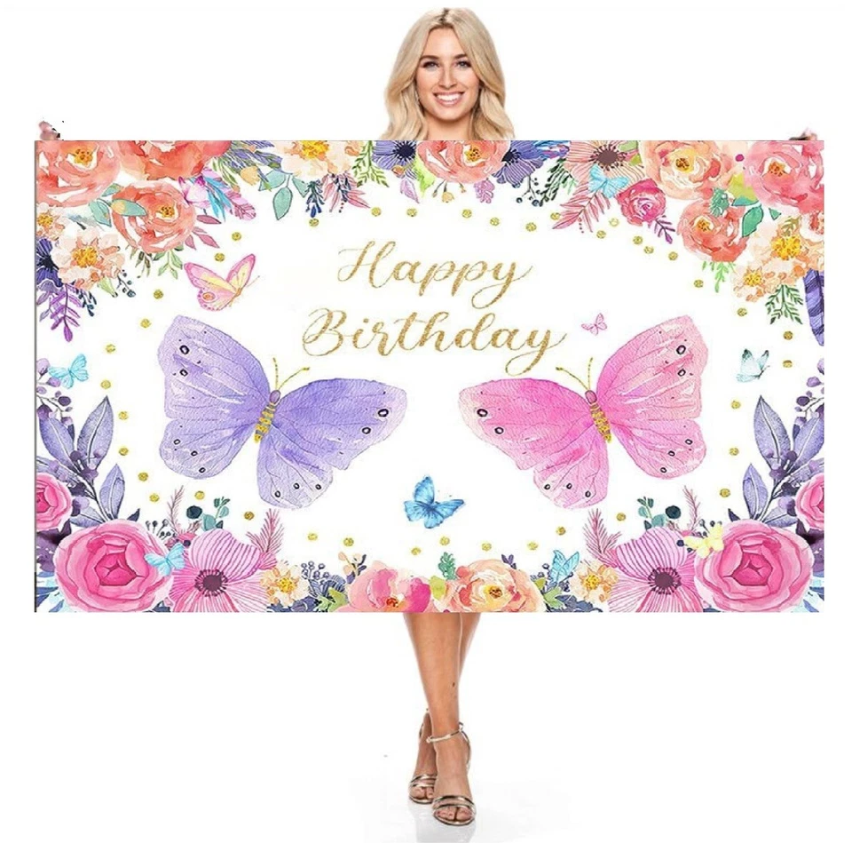 Hermosa Mariposa Telón de Fondo Banner Niña Fiesta de Cumpleaños Fondo Decoración Foto 2 de 4