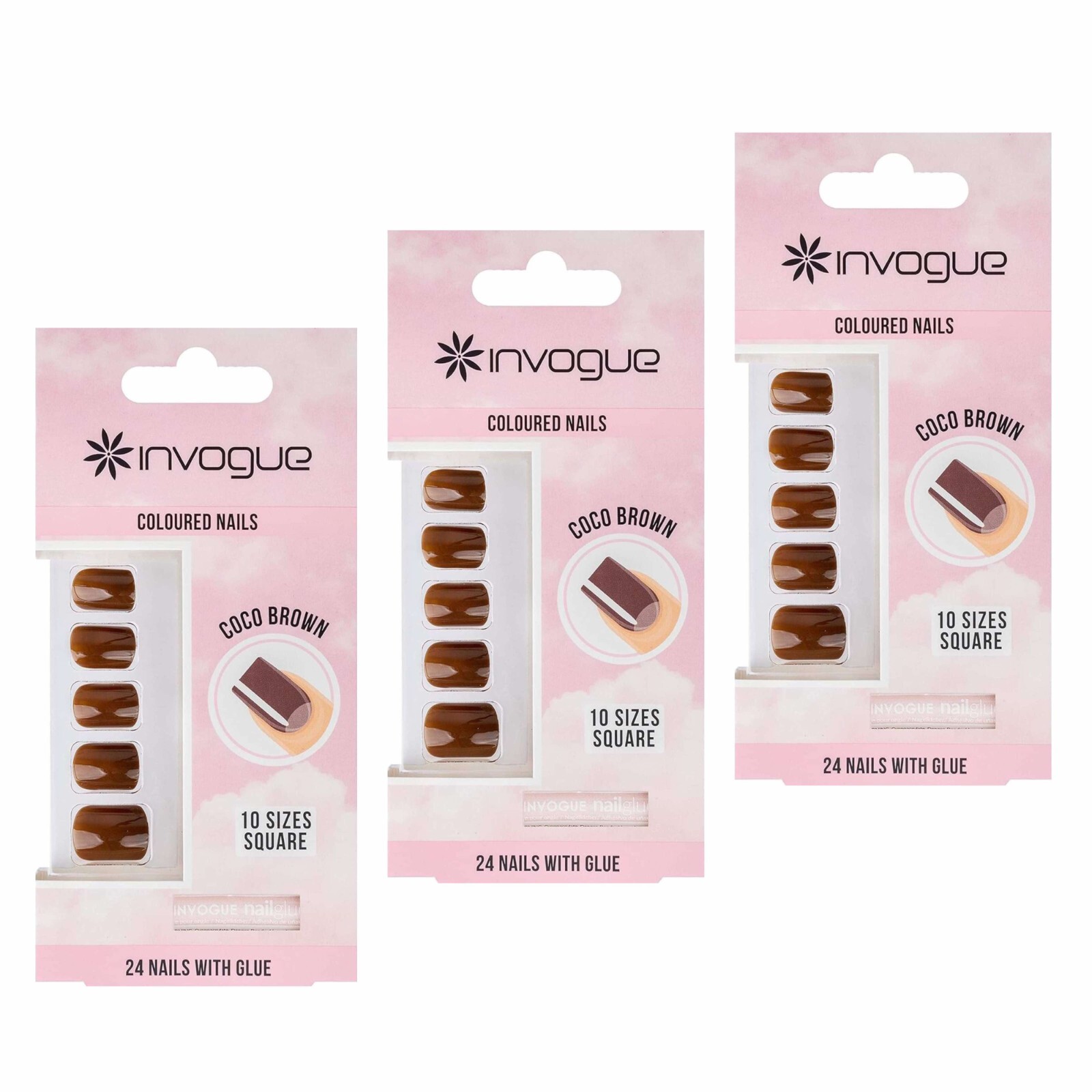 3 X Invogue Coco Brown Square Nails (24 Pieces) - 3 PACK of 24 Pieces