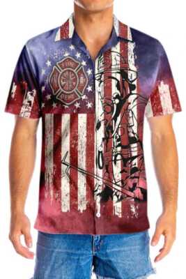 American Flag Fire Dept Firefighter Hawaiian Shirt, Fire Department Logo Firefig
