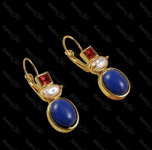 FAUX LAPIS GEM Vtg Retro DROP Red Crystal EARRINGS Gold/Blue Gemstone Leverback - Picture 5 of 6