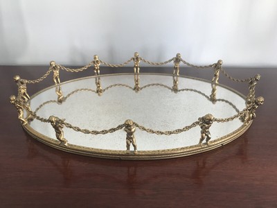 Vintage French Cherub Brass Mirrored Oval Vanity Tray Hollywood Regency Fab Ebay