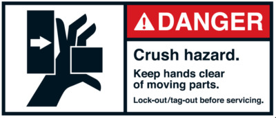 Warnaufkleber ''DANGER Crush hazard. Keep hands clear of..'' 35x80/45x100/70x160mm