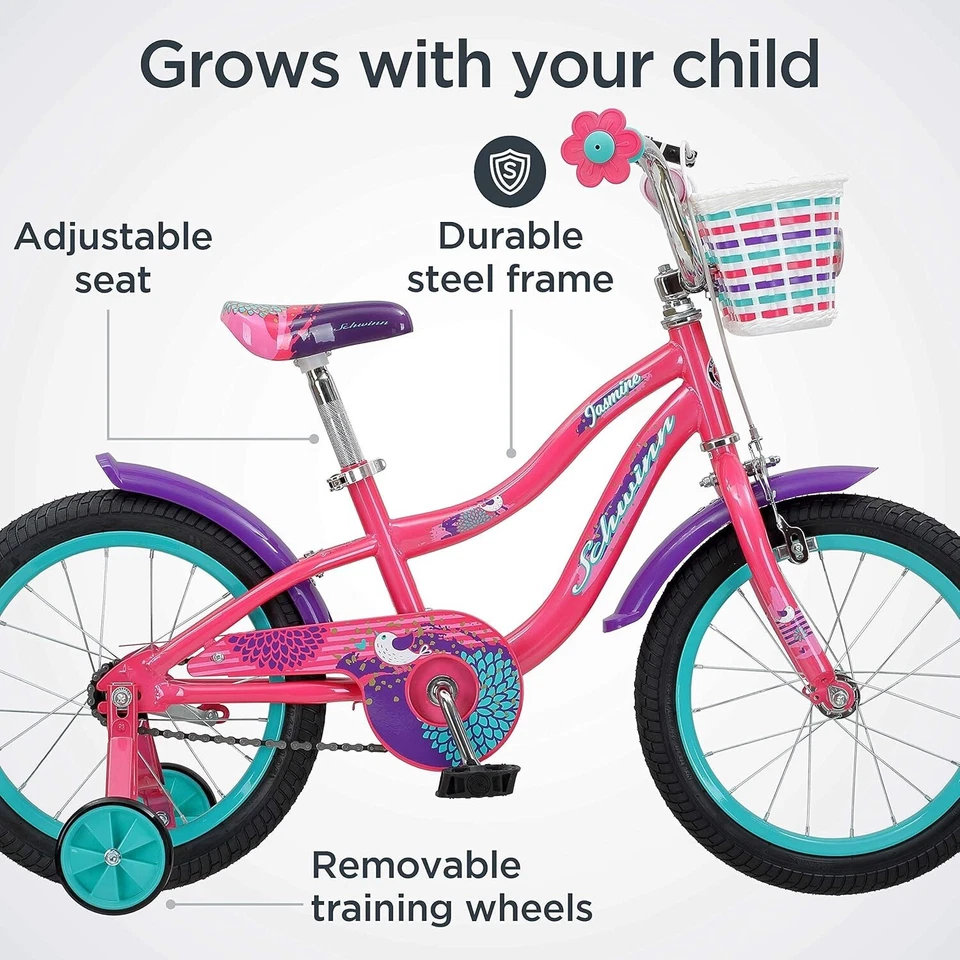 Bicicleta infantil Schwinn Jasmine 16" com rodas de treinamento e cesta para idades de 3 a 5 anos - Imagem 2 de 4
