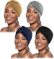 Stretchy Polyester Turbans for Women Knot Chemo Cap for Cancer Pleated Headwear