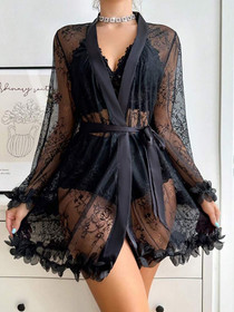 Sexy 4PCS Lingerie Set for Women&mdash;Robe & Belt & Bra & Short, Lace  Sleepwear