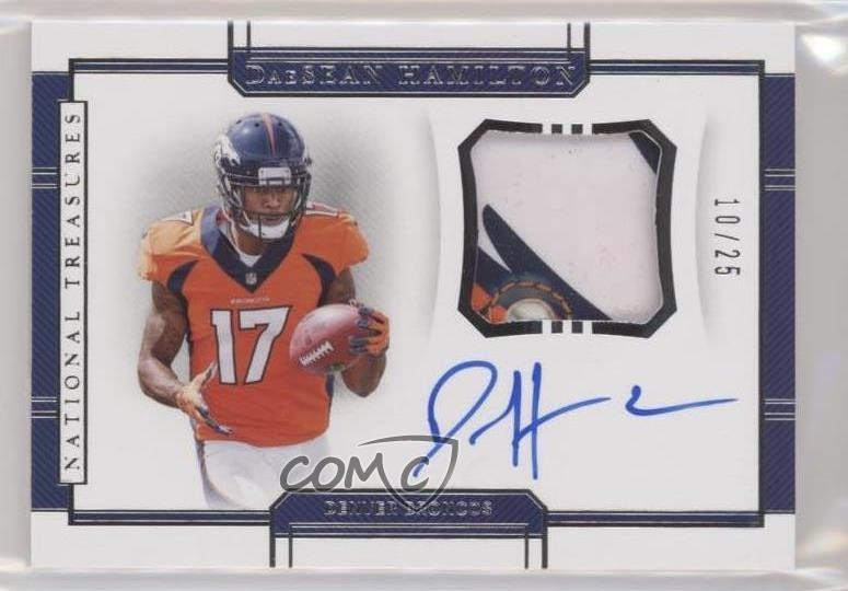 DaeSean Hamilton Football Cards 2018 National Treasures Rookie Gloves Signatures trading card — raw and PSA graded price guide