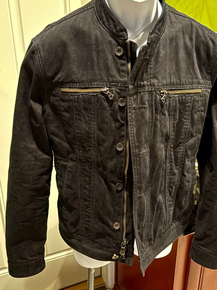 John Varvatos trucker Jacket w/Mandarin Collar, Zip/Button closure-Medium-Black - Image 2 of 4