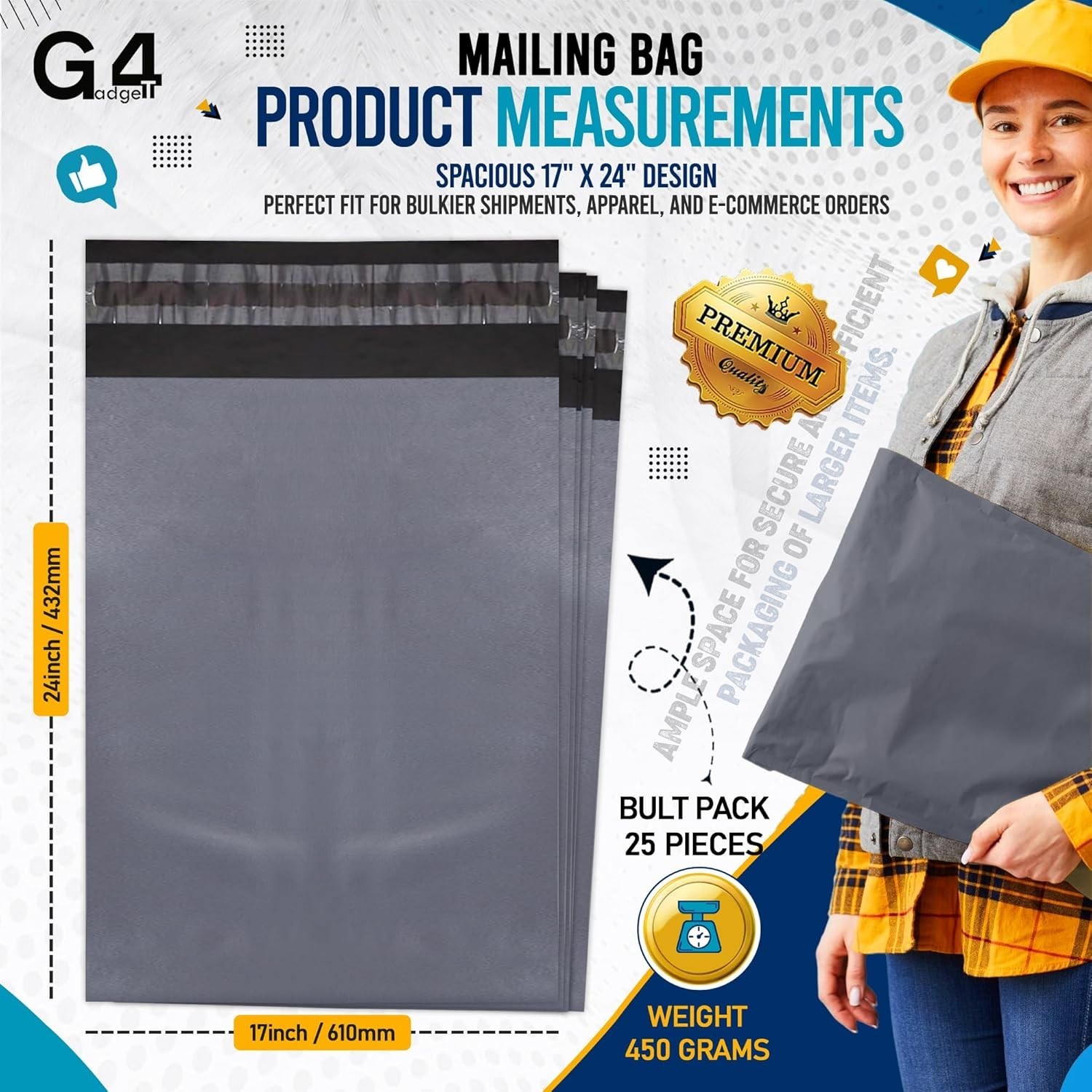 G4GADGET 25 Pieces Large Grey Mailing Posting Bags 17x24 Strong Postage Bags New