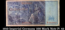1910 German 100 Mark Banknote. German Paper Money WW1, E-2824443, Grades VF30?