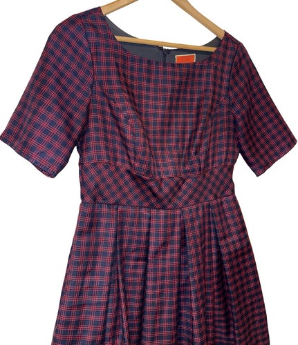 ModCloth Vintage Inspired Midi Dress Navy Red Plaid Size M 1950s Lined Pockets - Picture 3 of 9