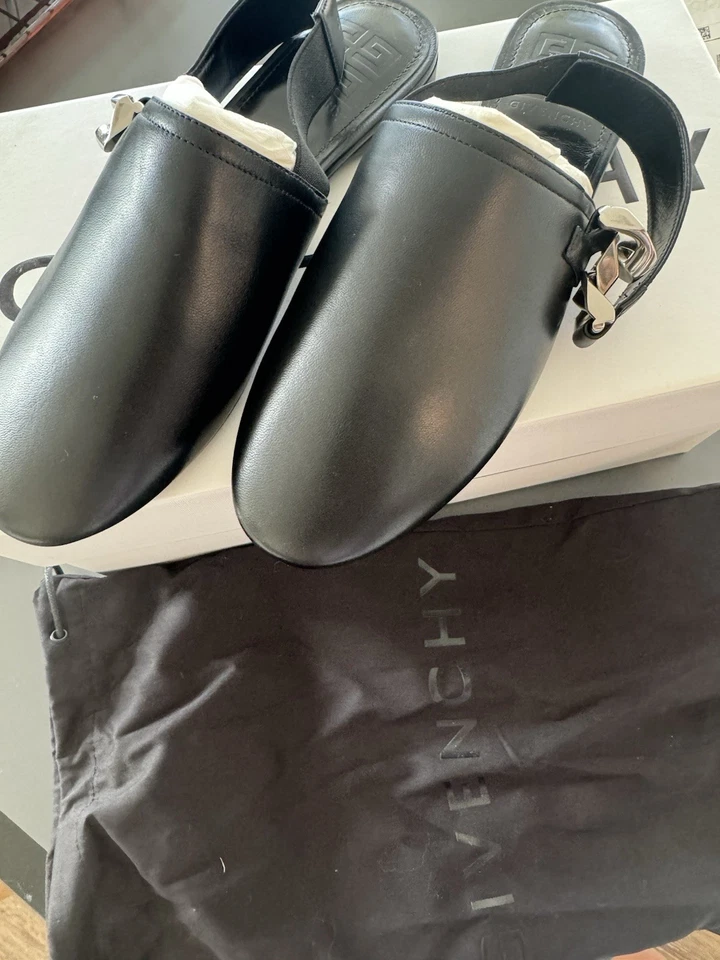 GIVENCHY Negro Rivington Logo Cuero Cordones Planos Mules Talla 38 EE. UU. 8 EN MUY BUENA CONDICIÓN Foto 3 de 4