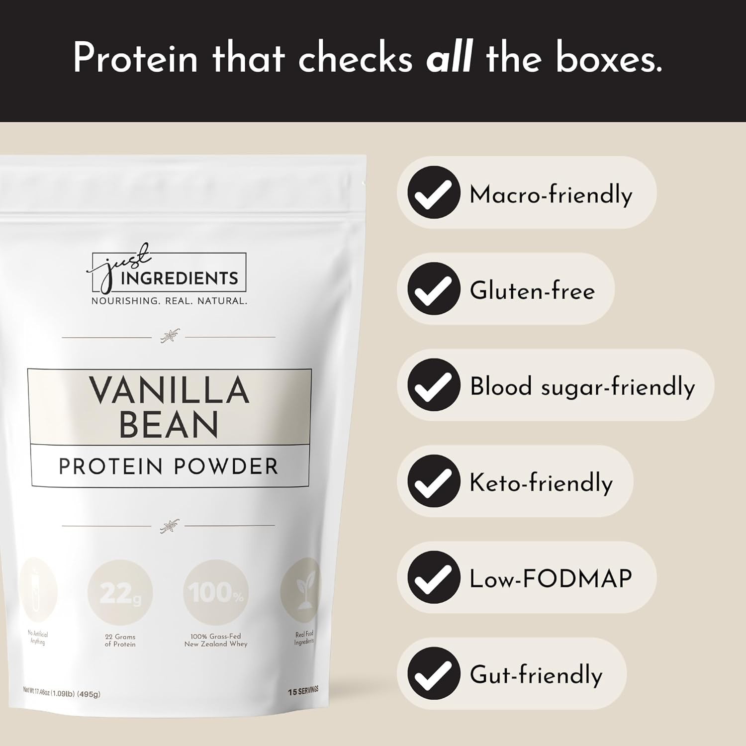 JUST INGREDIENTS Protein Powder | Vanilla Protein Powder Made with 100% Grass Fe