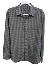 George Men  s Medium 38-40 Long Sleeve Button Front Plaid Black Plaid Shirt