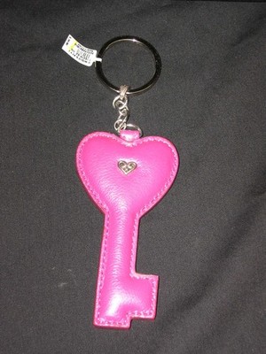 Brighton BE WISE Azalea Pink Leather Puffy Heart Key Shape Keychain Fob Keyring