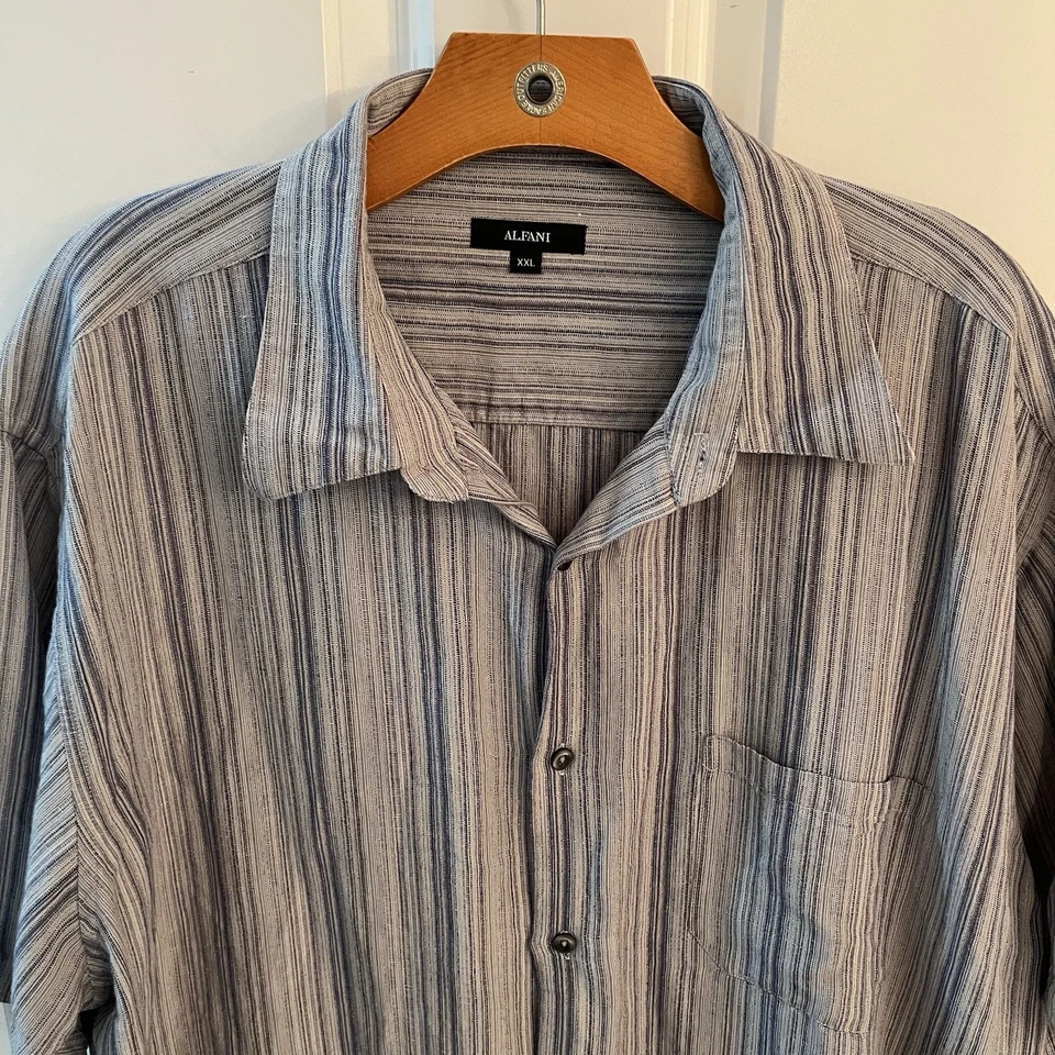 Мужская льняная вискозная лагерная рубашка Alfani XXL 2XL на пуговицах в полоску сине-серая - Изображение 2 из 4