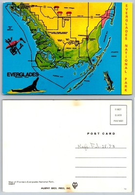 1973 Everglades National Park Map Postcard Florida Keys Flamingo Alligator