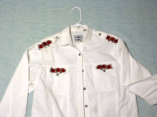 CHAUS SPORT women cotton button up WESTERN SHIRT with EMBROIDERED Red Roses LG - Picture 4 of 12