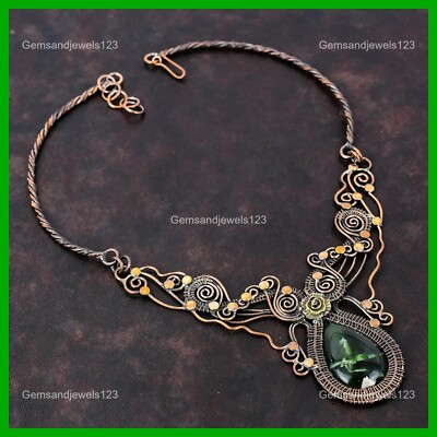 Natural Australian Chrome Chalcedony Chain Wire Wrapped Flower Necklace Copper