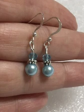 Aquamarine Blue Faux Pearl & Crystal Bead Small Tiny Silver Tone Dangle Earrings