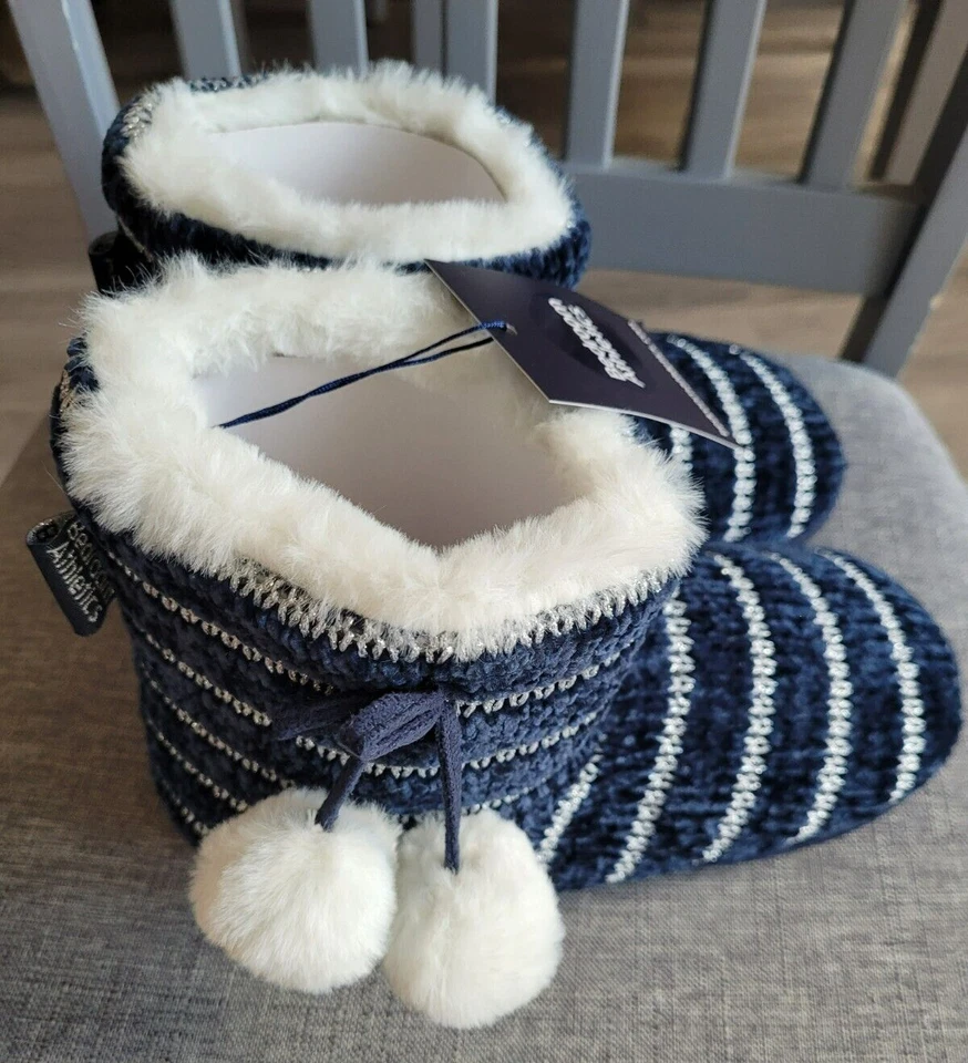 Botas de atletismo de dormitorio Kylie Chenille tejidas - rayas azules y blancas - L (Reino Unido 7/8) Foto 2 de 4