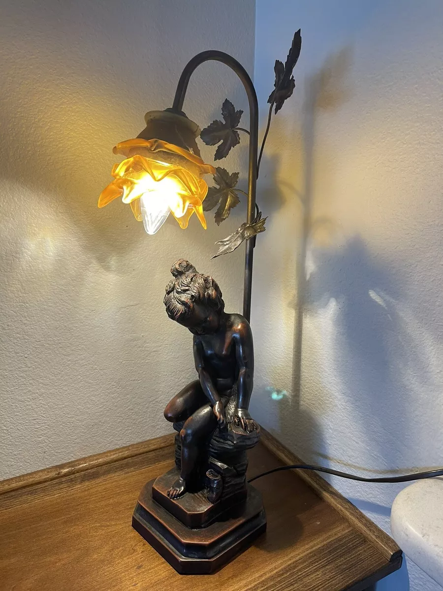 Art Nouveau Girl Figural Lamp with Frosted Tulip Shade Base Has Bronze Effect