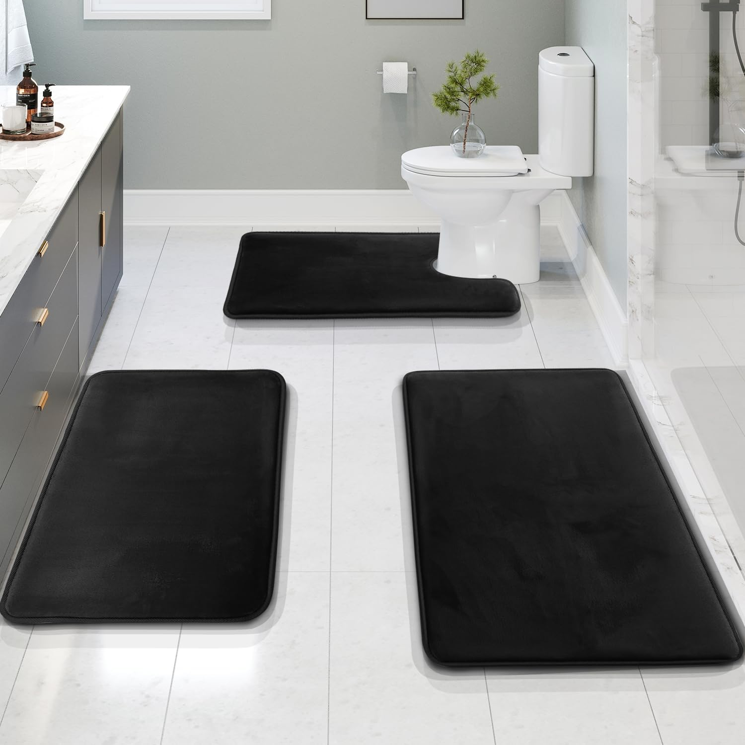 3 Piece Velvet Memory Foam Bathroom Rug Set with Non-Slip Bath Mat