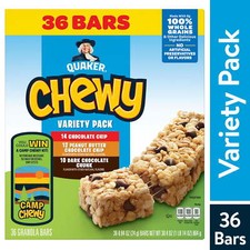 36 Count Quaker Chewy Granola Bars, 3 Flavor Variety Pack, 30.4 oz