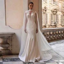 Scoop Neck Mermaid Wedding Dresses Cap Sleeve Sequined Appliques Buttons Back US