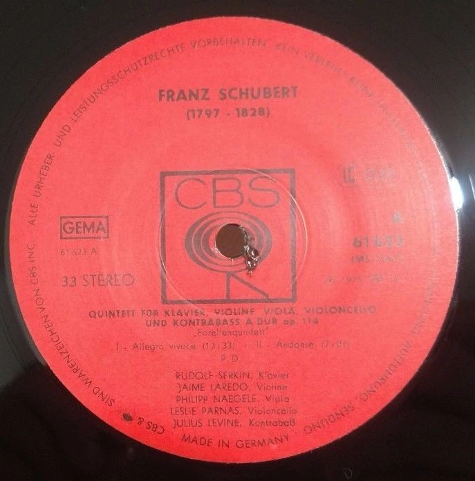 Schubert-Quintet Forellenquintett/Serkin/Jaime Laredo/Parnas CBS Germany 1975 NM - Image 3 of 4