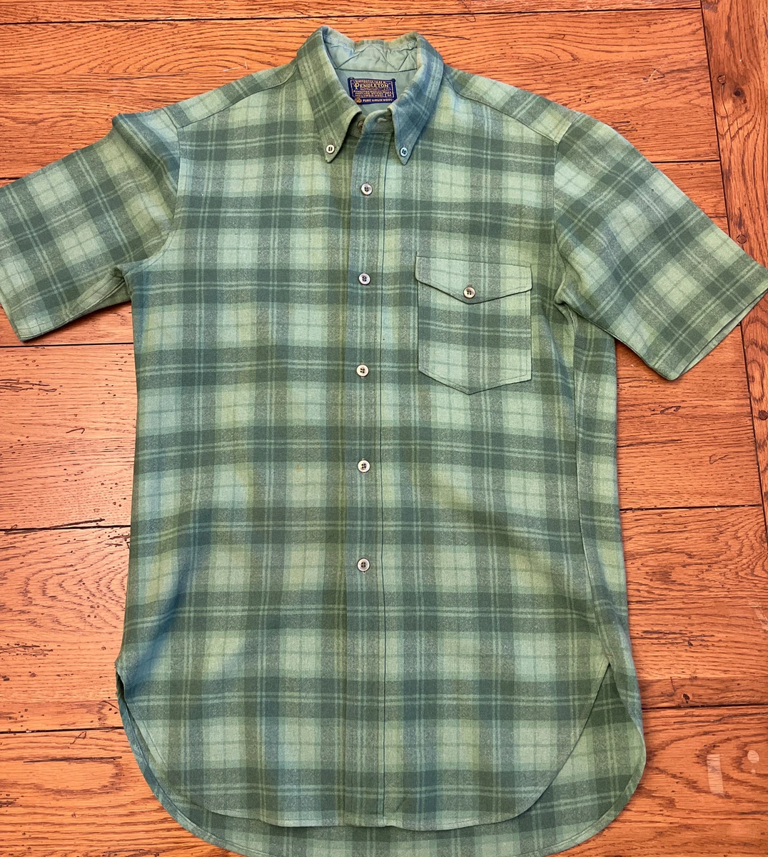 Pendleton Vintage 60s 70s Green Shadow Plaid Short Sleeve Wool Shirt Size M