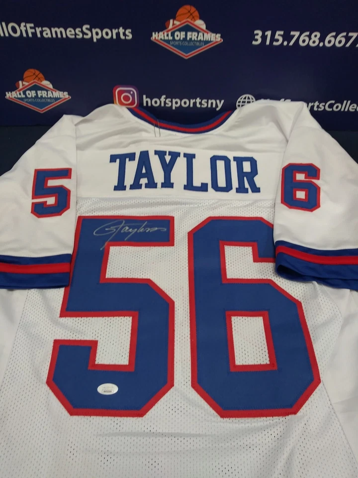HALL OF FRAMES SPORTS COLLECTIBLES LAWRENCE TAYLOR GIANTS CUSTOM SIGNED WHITE JERSEY - JSA COA