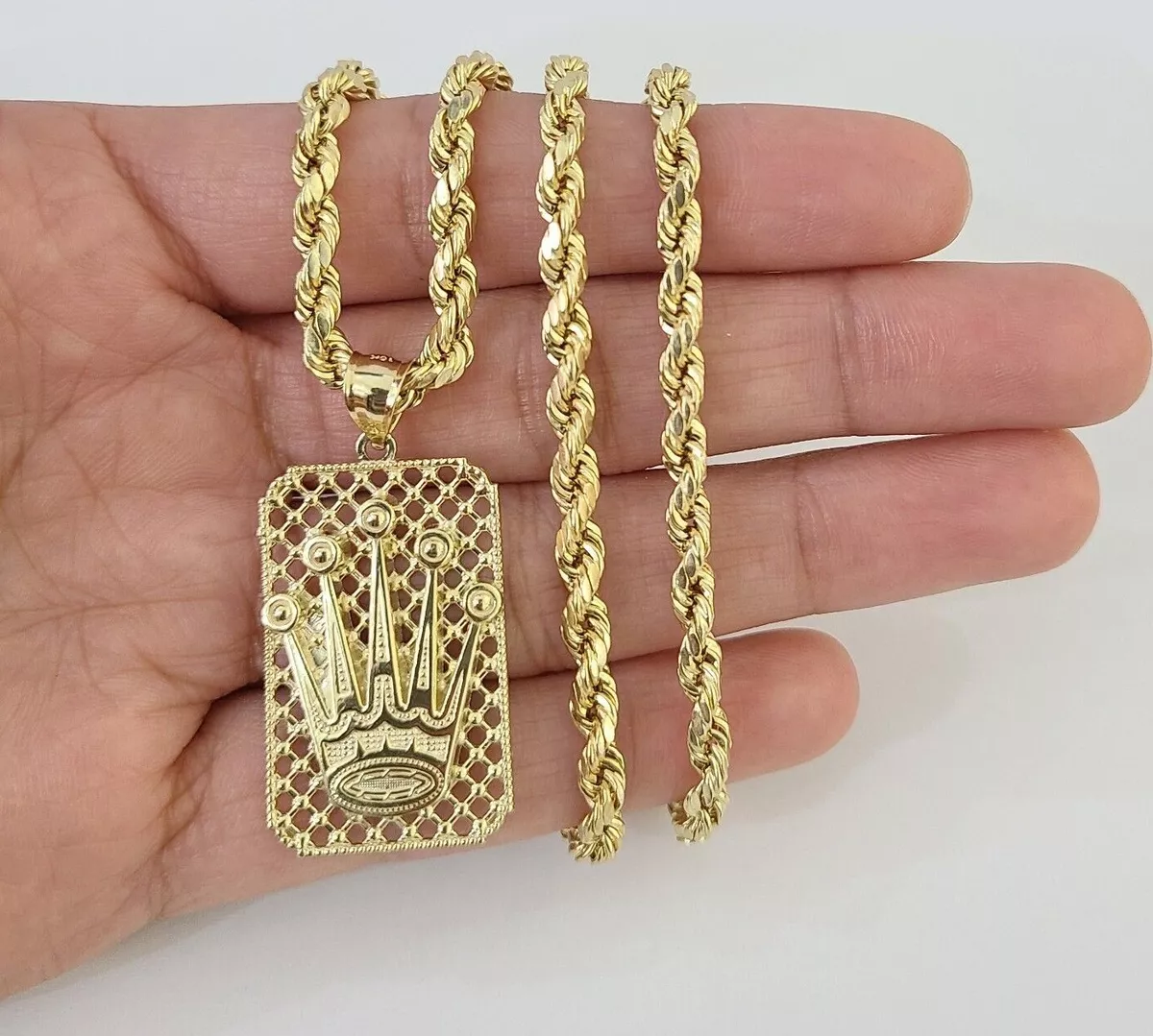 10K Yellow Gold Crown Pendent 4mm Rope Chain 18 20 222426