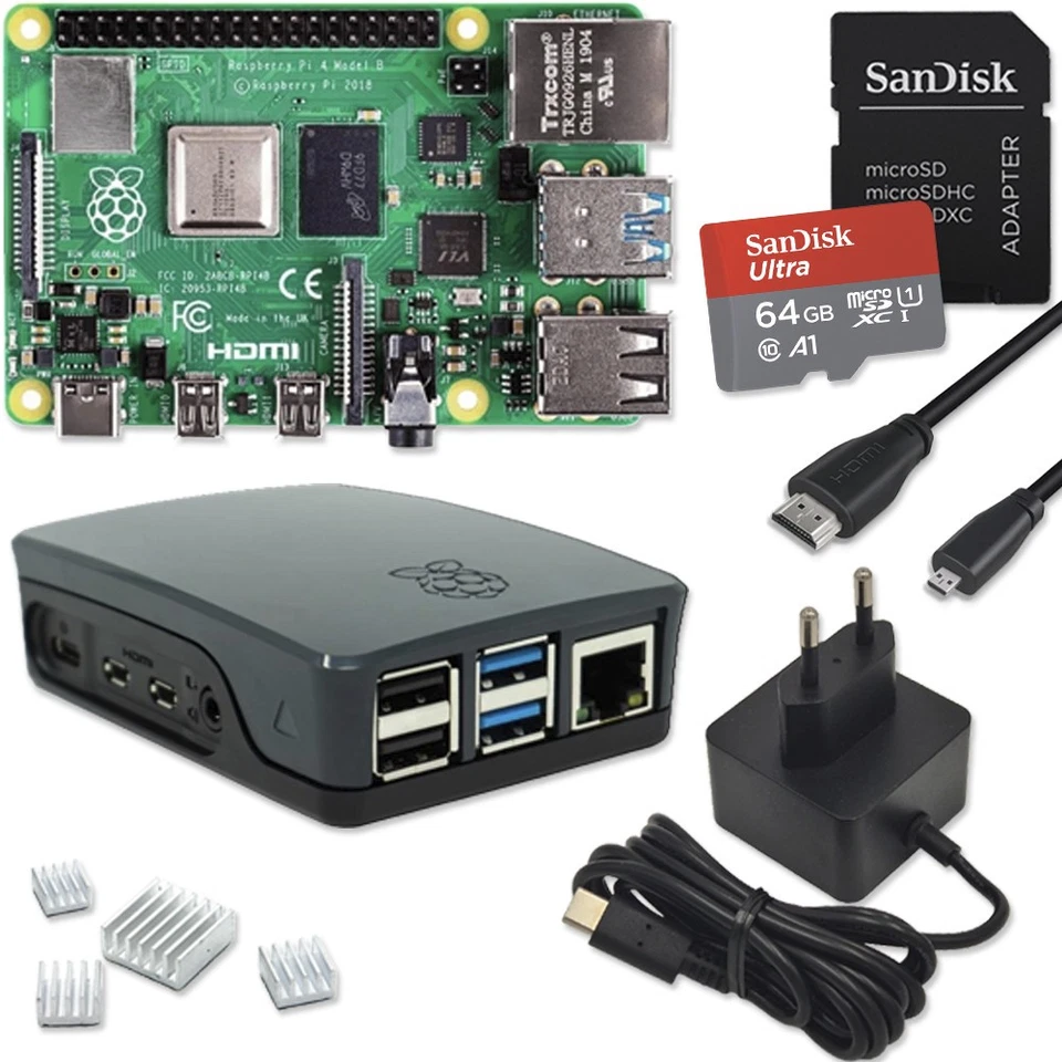 Raspberry Pi 4 Set | Netzteil | Gehäuse | 64GB Black Edition | Kühlkörper