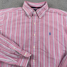 VINTAGE Polo Ralph Lauren Shirt Mens Large Pink Blue Oxford Classic Fit Pony