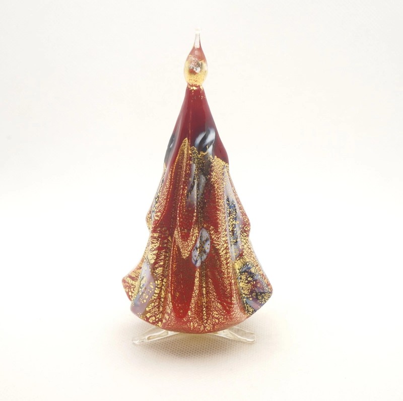 New Murano Millefiori Red Christmas Tree Figurine with Gold Italian Art Glass