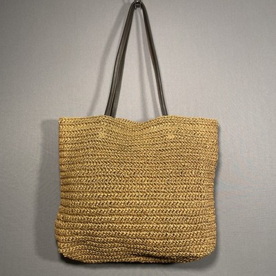Eddie Bauer Tote Bag Natural Fiber Crocheted Sides w/ Leather Handles Brown &Tan