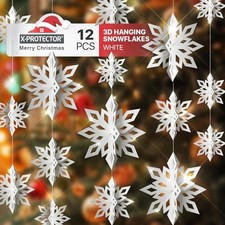 Hanging Snowflake Decorations - 12 PCS Pack of 3D Snowflakes  9.8 ft White