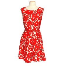 Danny Nicole Women Dress 12 Red Orange Floral Belted Fit Flare Retro Bold Preppy