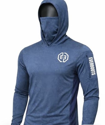 EVERBOOTS Men's Blue Pullover Hoodie Solid Long Sleeve Stretch Thumbholes Logo