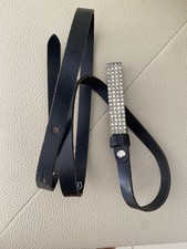 Women's Genuine Black Leather Rhinestone Slim Belt - Made in Italy