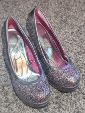 Silver Glitter Platform Stiletto Slip On Round Toe Party Heels for Women