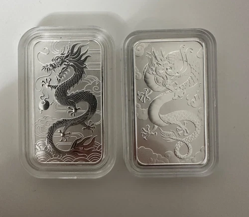 2018 & 2019 Australian Perth Mint 1oz Silver Dragon Bar .9999 Fine Silver (x2)